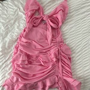Pink Ruched Dress with Bow Detail